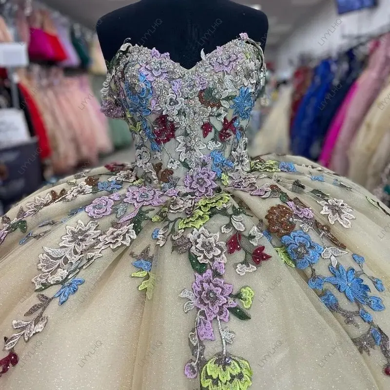 2024 блестящее милое платье Quinceanera цвета шампанского бальное с мексиканской