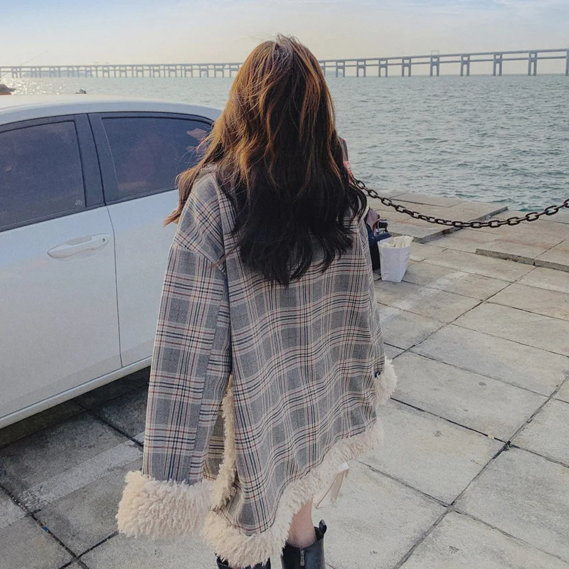 Pi Overcome Women's Winter Mid length Plaid Loose Coat