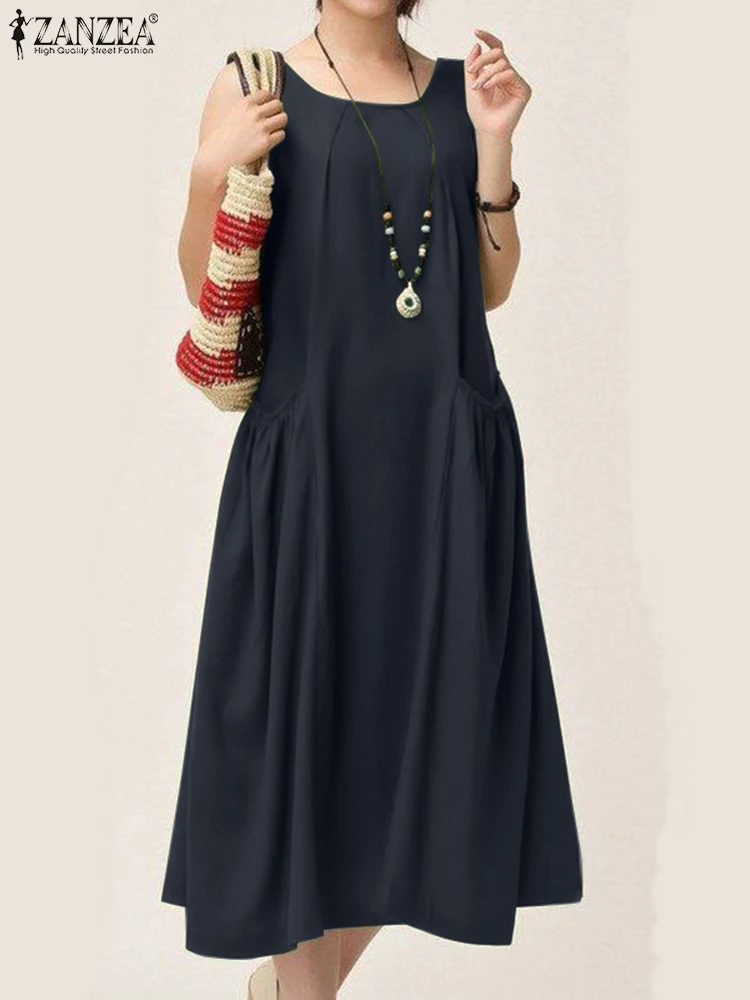 

ZANZEA Femme Summer Oversized Dress Sleeveless Solid O-Neck Pockets Baggy Midi Sundress Elegant Casual Sarafans Vestidos