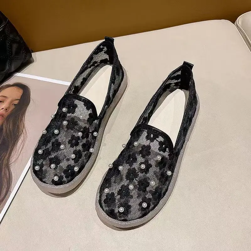 

2022 New Flat Shoes Breathable Mesh All-match No Lace-up Sleeve Fashion Pearl Mesh Round Head Temperament Zapatos Para Mujer