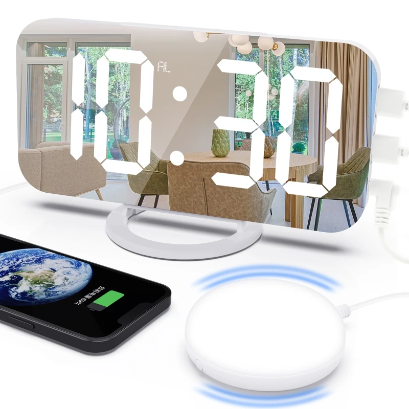 

Mini Clock Automatic LED Backlight with Timer Display Mirror Night Lamp Snooze Vibrating Loud Alarm for Hard of Hearing