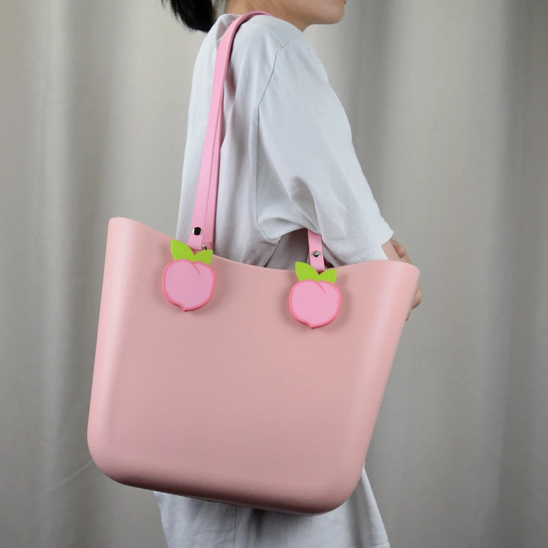 New Tanqu Long Obag Pu leather Handles with cartoon fruit drops strawberry orange Flat PU Belt attachments for EVA O Bag Body