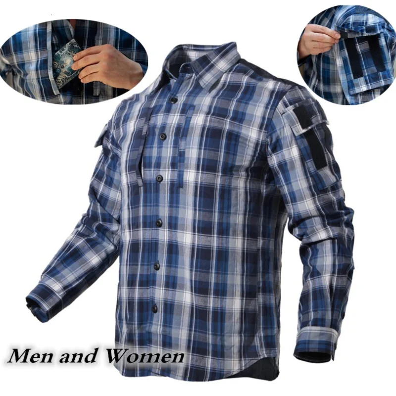 

Army Fan Plaid Tactical Shirt Men Women Long Sleeve Breathable Cotton Plaid Shirt Outdoor Hiking Training Military Shirt Uniform