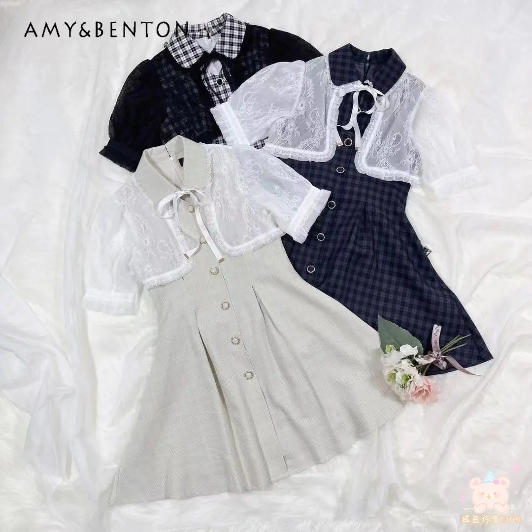 

Летнее Новое кружевное платье Rojita, женское клетчатое платье с имитацией двух частей, женское платье в стиле "Лолита" с высокой талией, женское платье