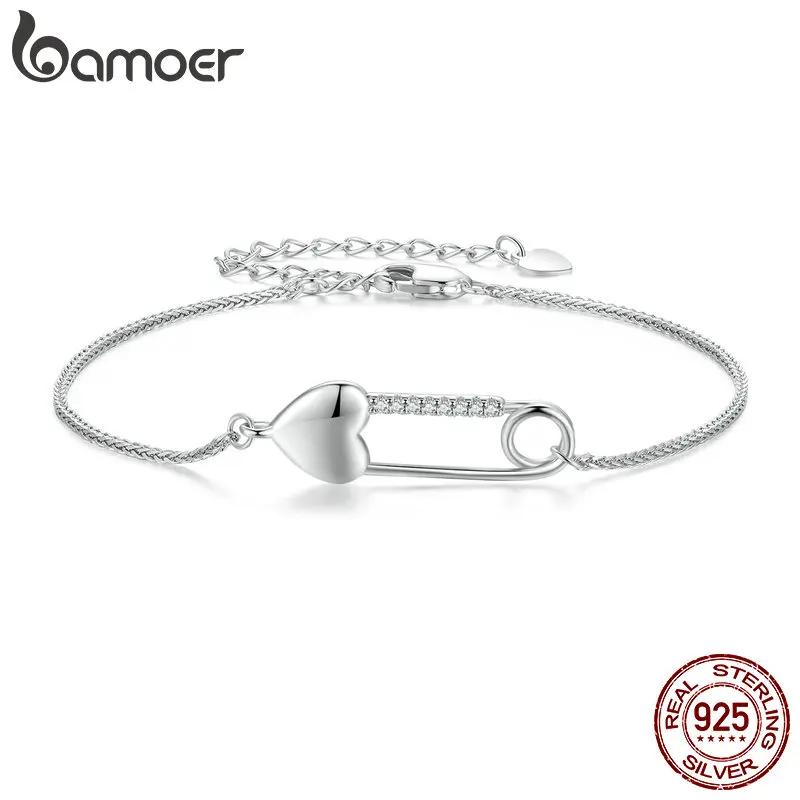 

Bamoer 925 Sterling Silver Heart-Shaped Button Pin Bracelet Snake Chain Bracelet for Women Pave Setting CZ Fine Jewelry