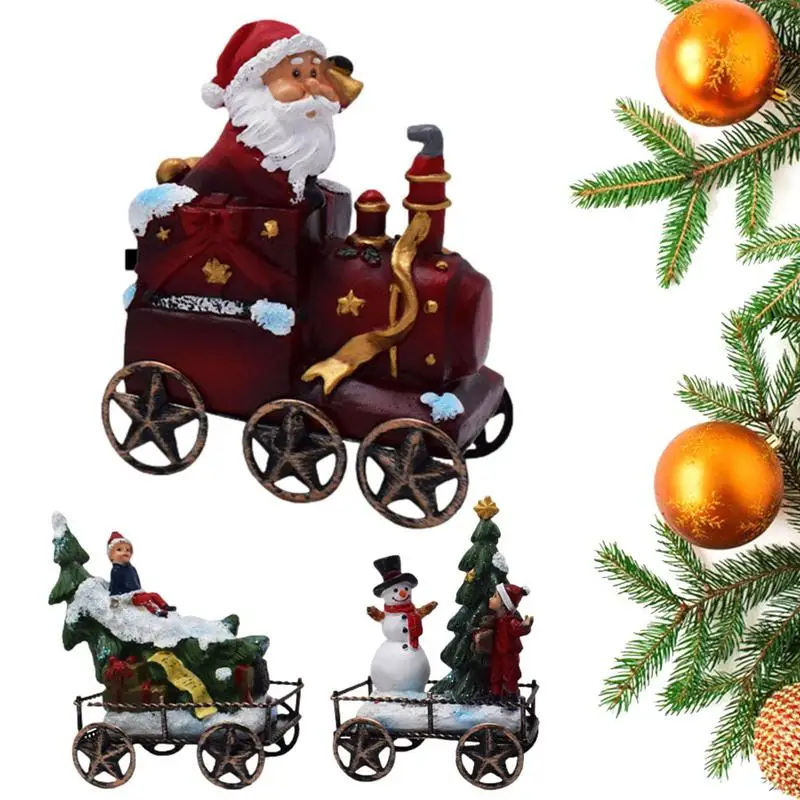 

Christmas Train Decorations Resin Tabletop Santa Claus Figurines With Christmas Tree Colorful Train Ornament For Display