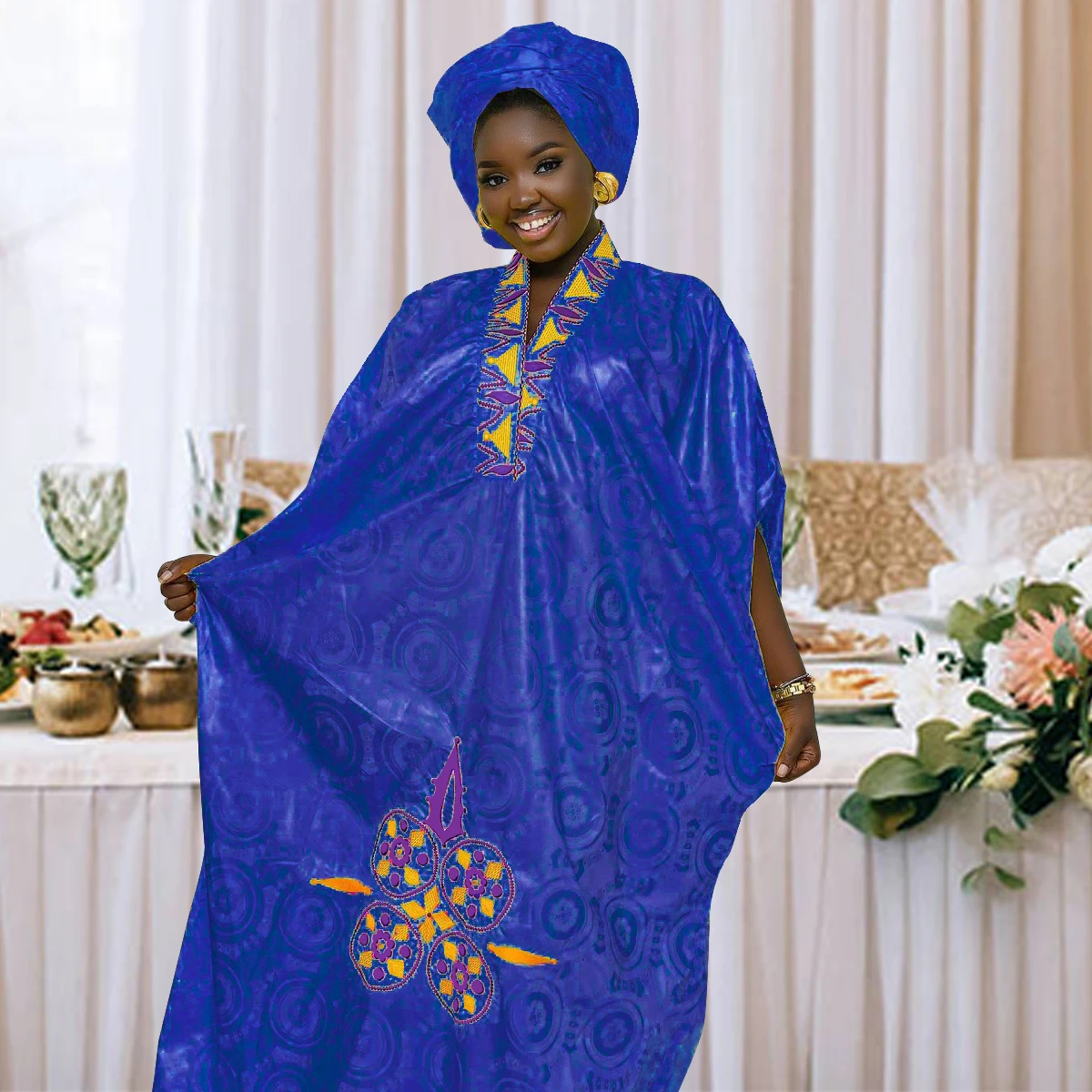 African Dress For Woman Bazin Riche Embroidery Design Floor Length With Scarf | Africa Clothing