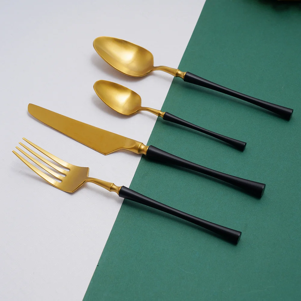 Cutlery Set Black Gold Tableware Set Dinnerware Stainless Steel Kitchen Utensils Forks Knives Spoons Set Matte Travel Flatware