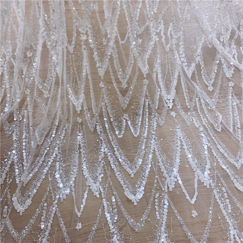 

New Style Fashion White Sequins and Silver Beads Embroidery Lace Fabric Wedding Dress Gown Nigeria Africa Fabric Sell by Yard