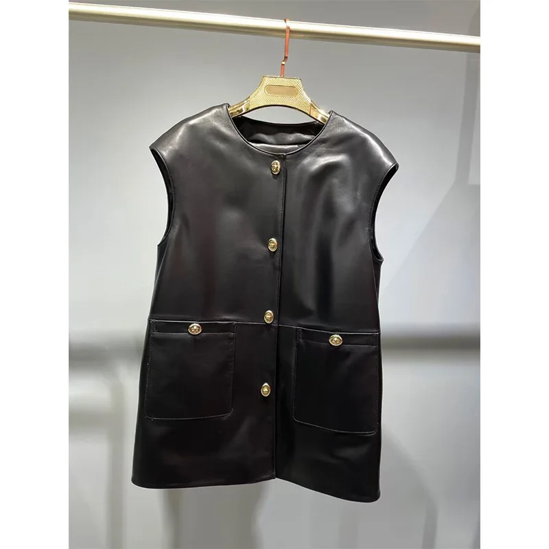 2022 Spring New Leather Sheep Leather Vest Women Casual Loose All-Matching Jacket E5