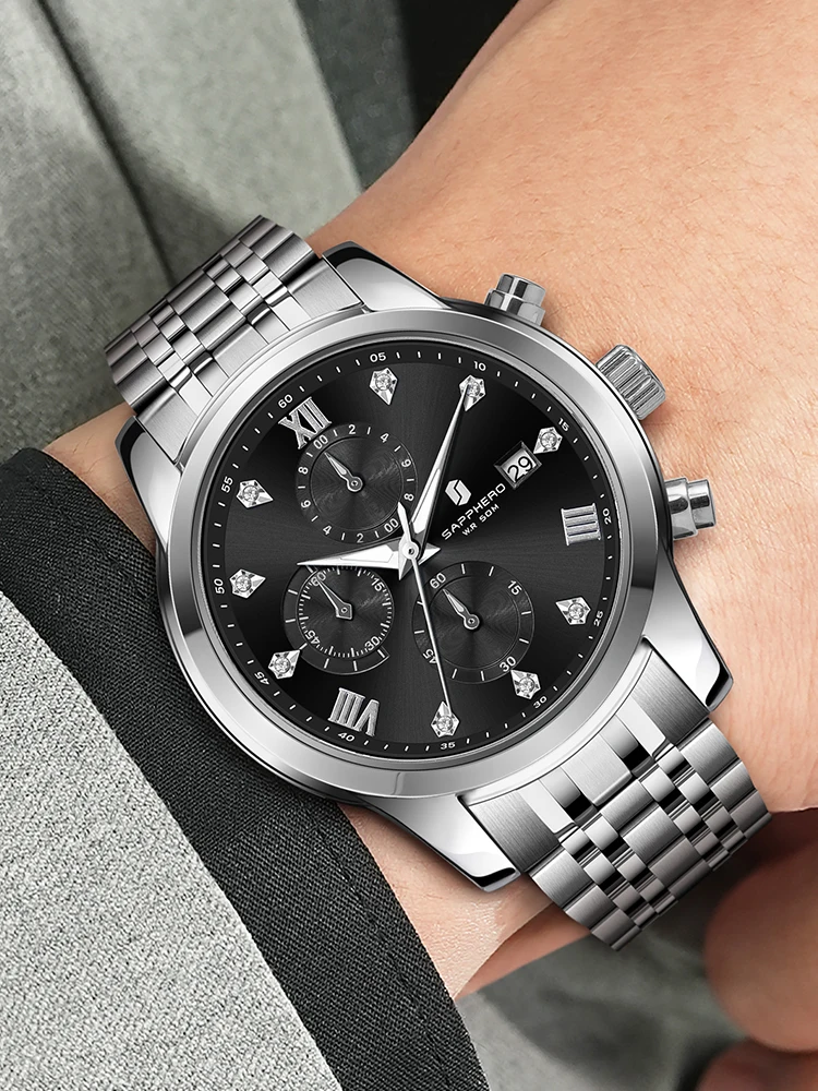 SAPPHEROМужские часы из нержавеющей стали серебряные водонепроницаемые спортивные