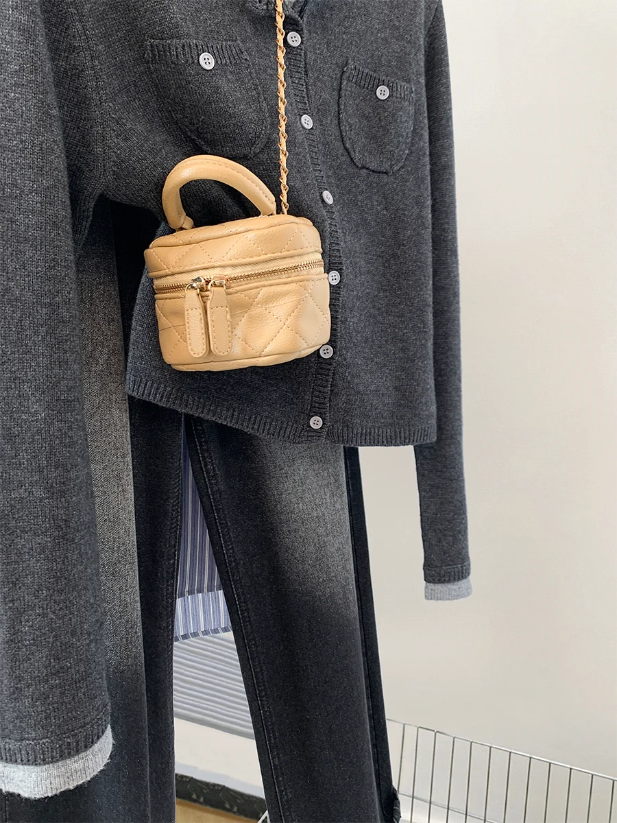 Gray Fake Two Pieces Long sleeve Knit cardigan Outerwear Women Spring and Autumn 2024 New Small Short Fleece Top