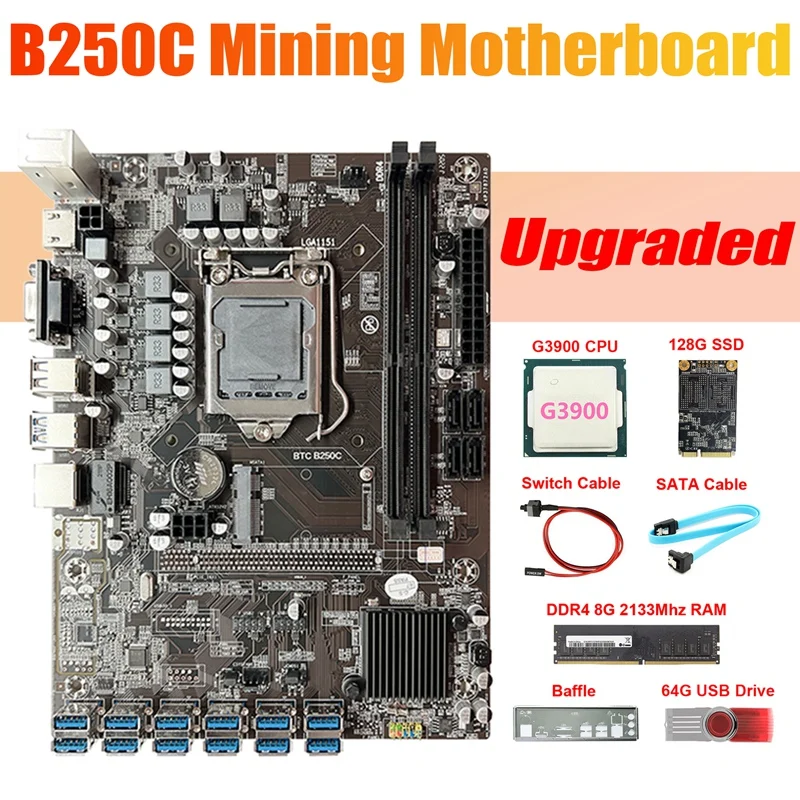

B250C ETH Miner Motherboard 12USB+G3900 CPU+DDR4 4GB 2133Mhz RAM+128G SSD+64G USB Drive+SATA Cable+Switch Cable+Baffle