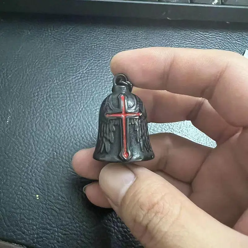 

Biker Bell Pendant Engraved Red Cross Wings Motorcycle Bell Punk Guardian Bell Necklace Pendant For Men Lucky Amulet Jewelry