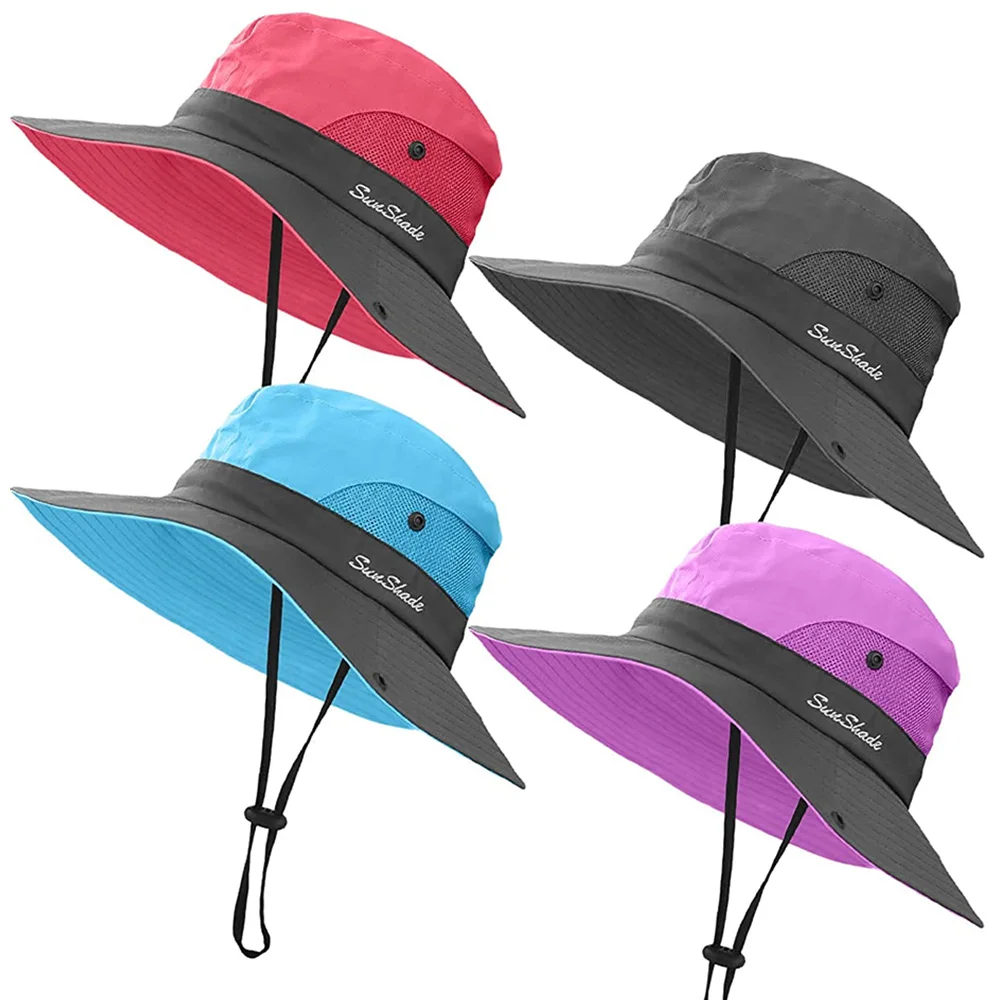 

Women's Ponytail Sun Hat Outdoor UV Protection Foldable Mesh Wide Brim Beach Fishing Hat Summer Wide Brim Bob Hiking Bucket Hat