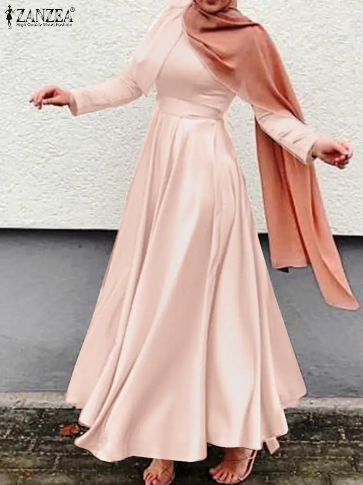 

Women Spring Dubai Turkey Hijab Sundress ZANZEA Fashion Muslim Abaya Dress Casual Long Sleeve Satin Islamic Vestidos Robe Femme