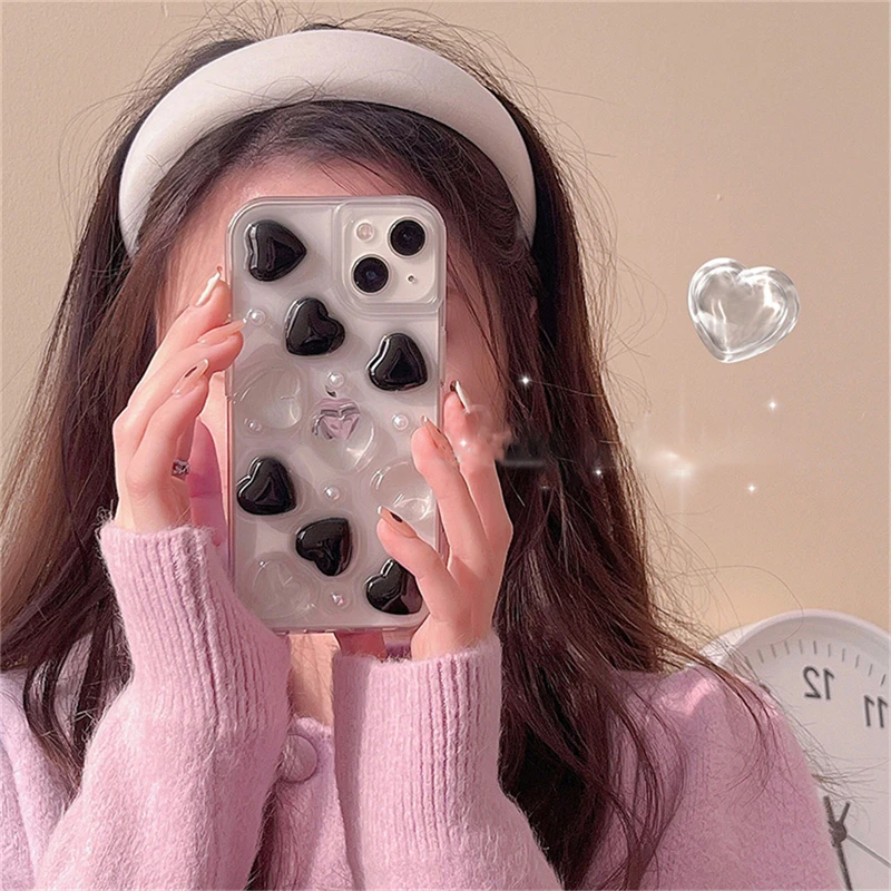 

Korea Cute 3D Pearl Love Heart Transparent Phone Case For iPhone 13 12 11 Pro XS Max X XR 7 8 Plus Shockproof Soft Back Cover