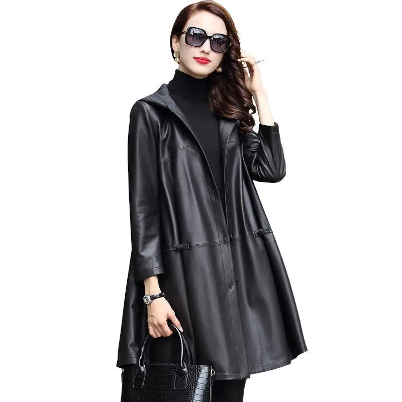 Black Leather Jacket Women's Spring Autumn Hooded Sheepskin Leisure Loose Coat Large Size Fashion Long Genuine Leather Trench