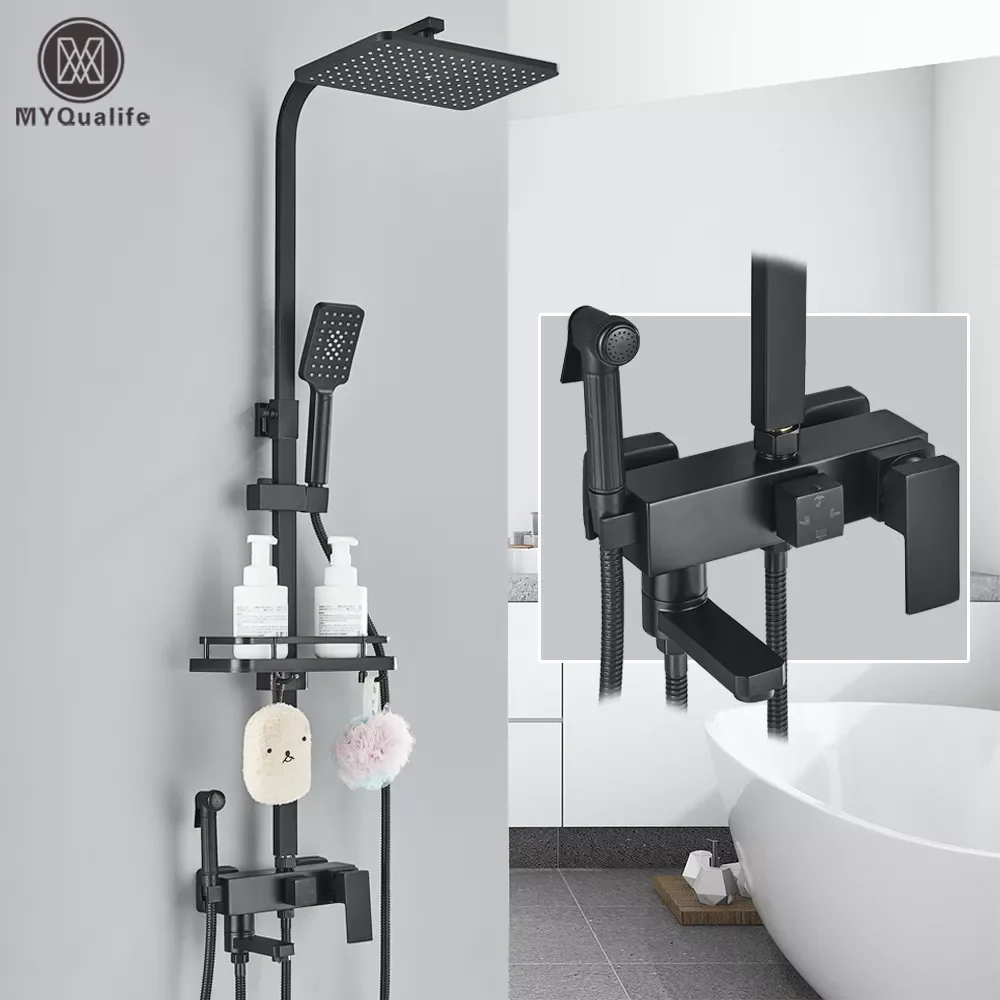 

Black Brass Shower Faucet Set Rainfall Bathtub Tap With Bathroom Shelf 4 Functions Height Adjust Shower Mixer Crane Fast Delivey