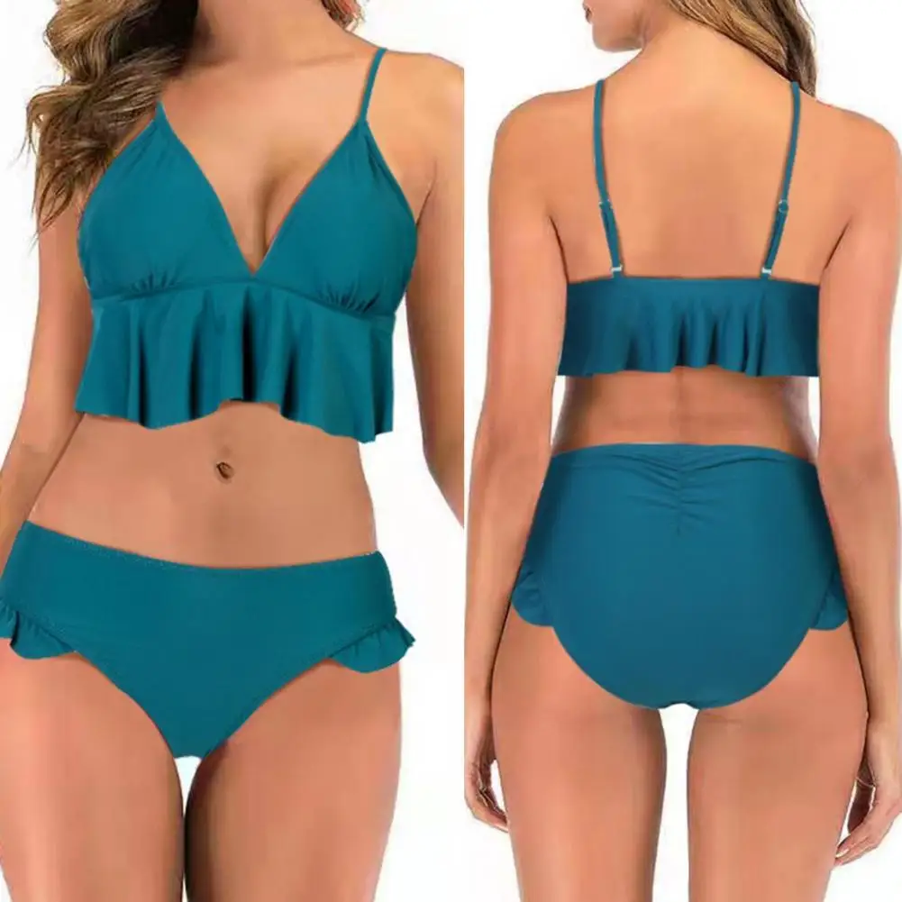

Swimwear Women Ruffle Bikini 2022 Fashion 2Pcs/Set Women Bikini Solid Color Ruffles Sexy Simple Pure Color Swimsuit for Swimming