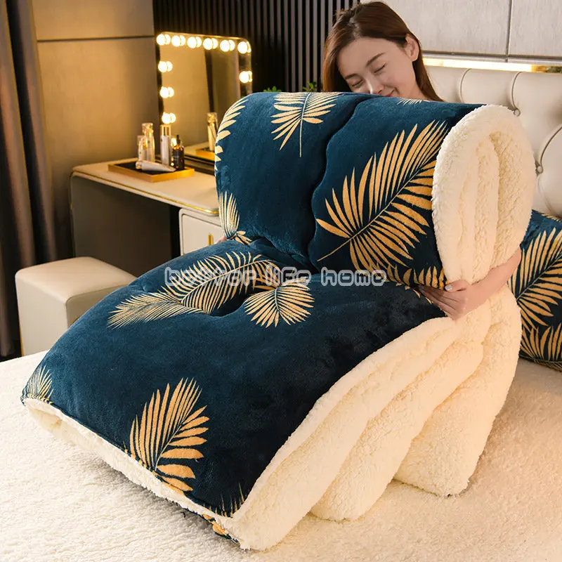 

Winter Super Warm Cashmere Quilt Thick Flannel and Lamb Double-faced Velvet Wool Blankets Quilts Comforter for Bed