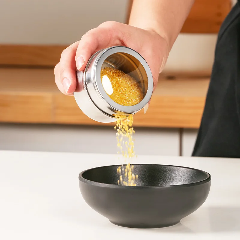 

New style kitchen storage primary color 430 stainless steel magnetic absorption acrylic seasoning tank storage tank spice jars
