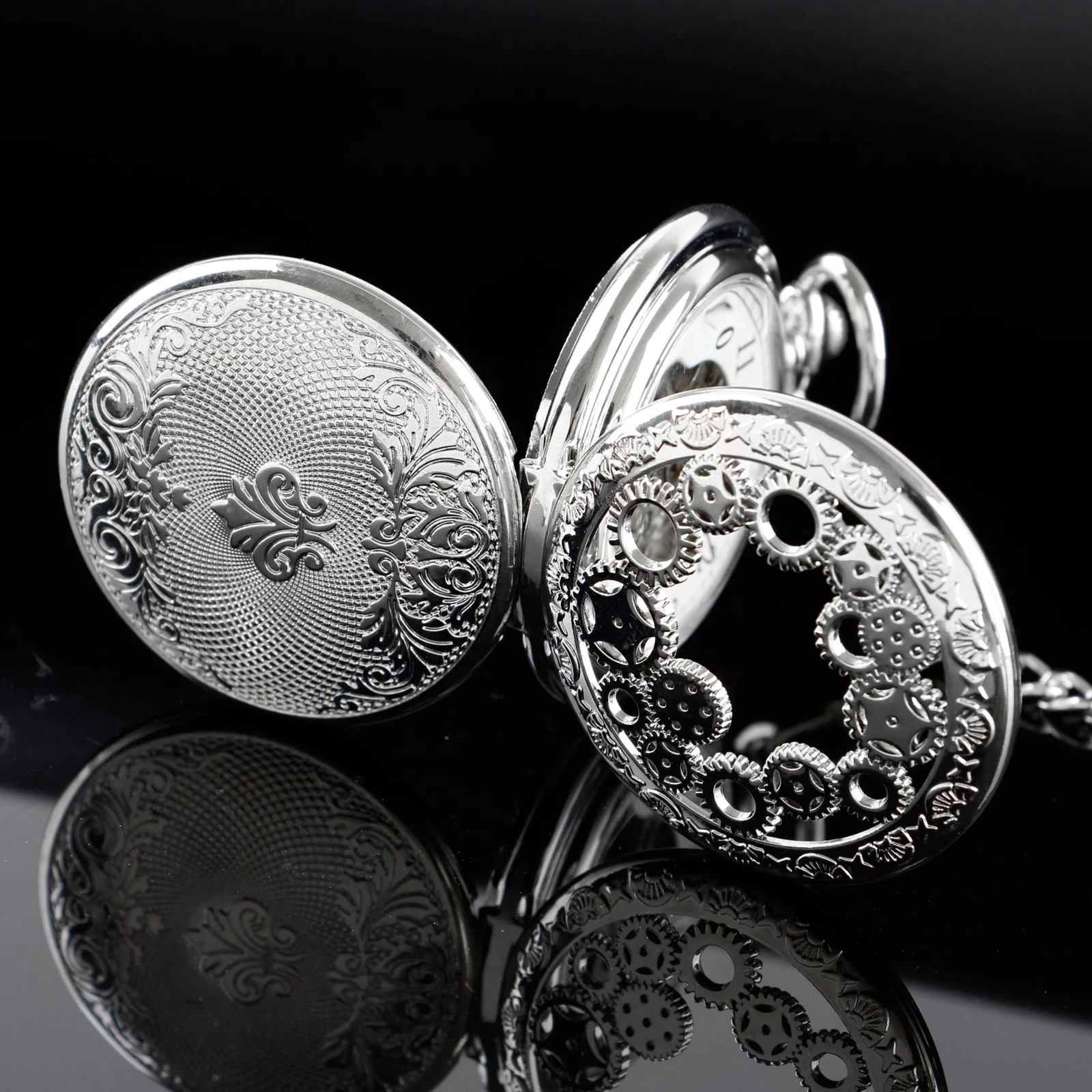 Silver Hollow Gear Mechanical Pocket Watches Vintage 2 Sides Open Case Hand Wind Casual Fashion Pocket&Fob Watches Mens Women