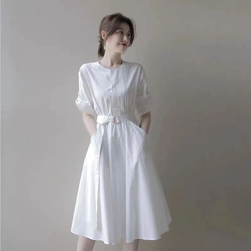 

Korean Style Spring New Women's Elegant Long Dress Crew Neck Belted White Dresses With Pocket