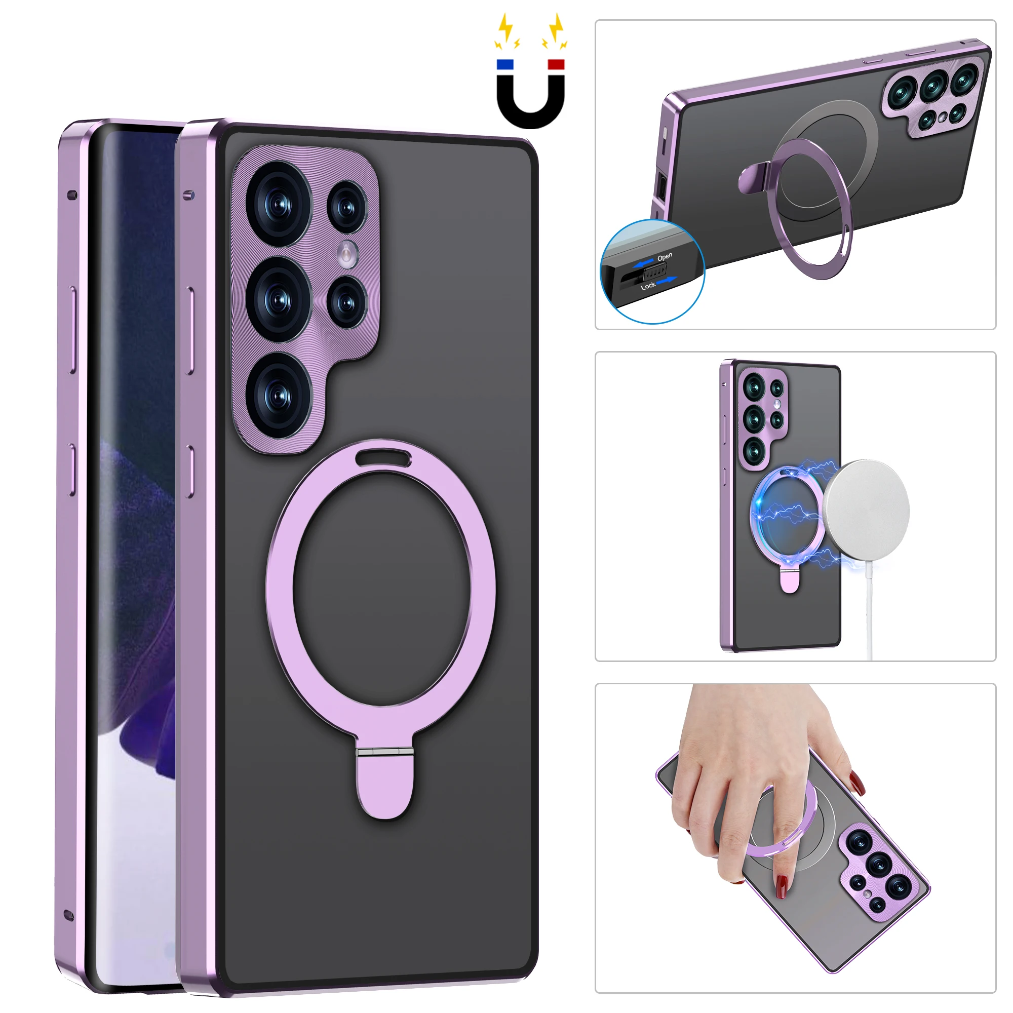 

Magnetic Wireless Charging Case For Samsung Galaxy S23 Ultra Metal Bumper Aluminum Holder Tempered Glass Screen Protector Cover