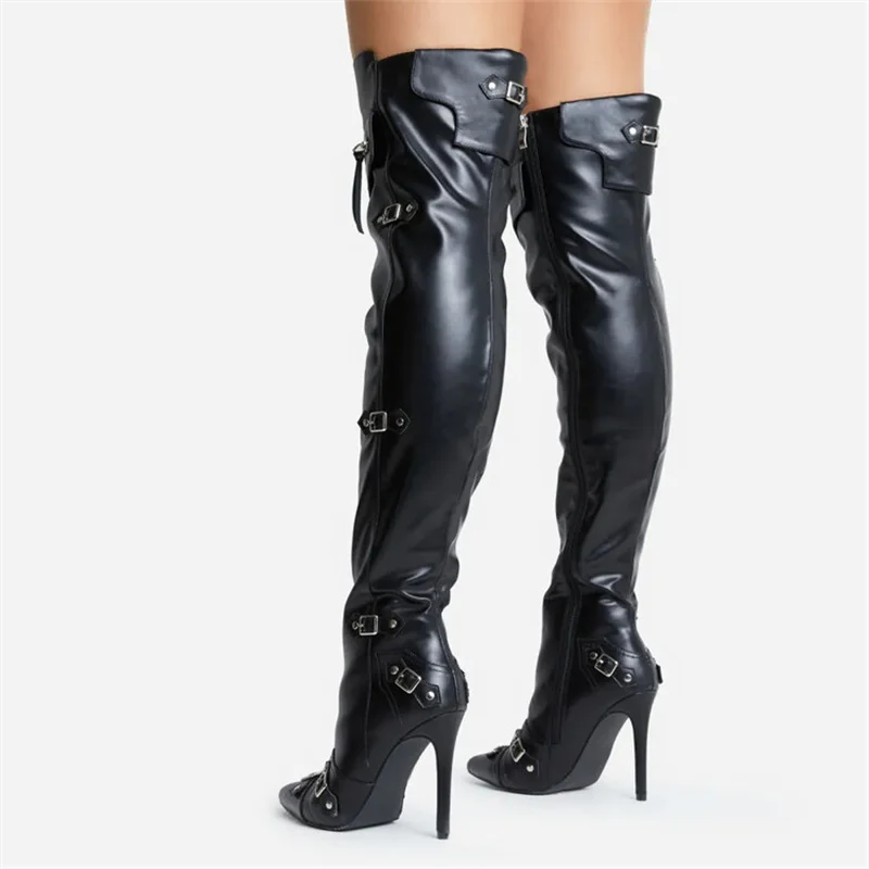New Brand Belt Buckle Over The Knee Boots Pointed Toe Thin Heels Zip Female Solid Color Metal Winter Sexy Long Boots Women Shoes
