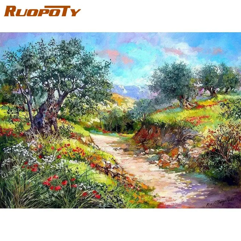 

RUOPOTY 40x50cm Oil Painting By Numbers Rural Trail Landscape DIY Gift Paint By Numbers On Canvas Home Decor Calligraphy Paintin