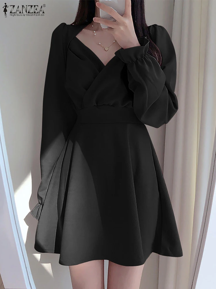 

ZANZEA Heart Collar Long Sleeve Robes Pleated Front Korean Fashion Cinched Waist Women Mini Dress Holiday Sexy Solid Party Dress