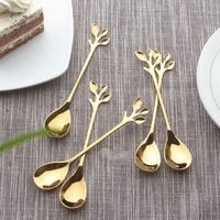 15pcs creative personality stainless steel gold spoons tree leaf spoon coffee spoon tea spoon home restaurant dessert cucharas
