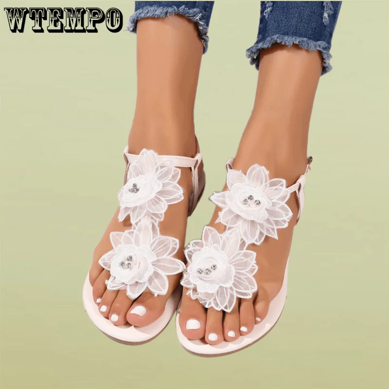 WTEMPO Plus Size Clip-toe Sandals Women's Summer Fashion Flowers Sandals Comfortable Flat Buckle Shoes Wholesale Dropshipping