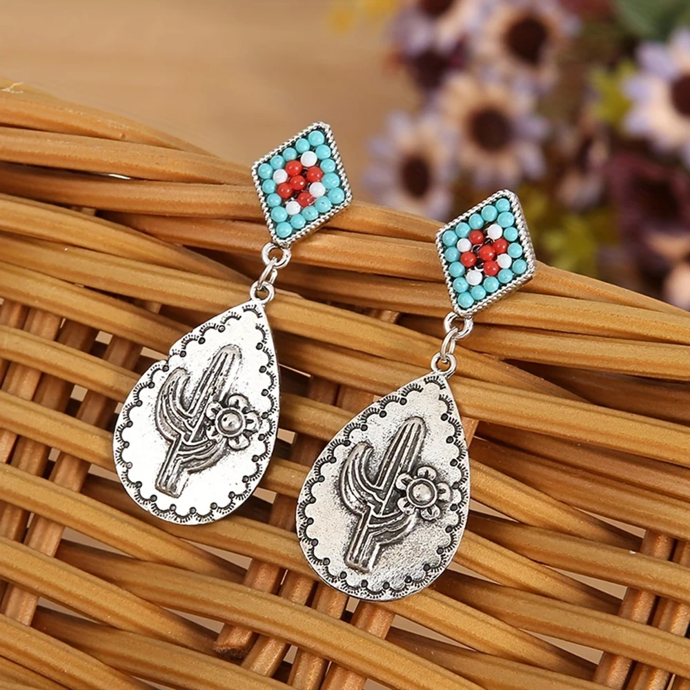 

Water Drop Cactus Flower Dangle Hanging Earring for Women Statement Retro Piercing Eardrop Accessories Ladies Charm Jewelry Gift