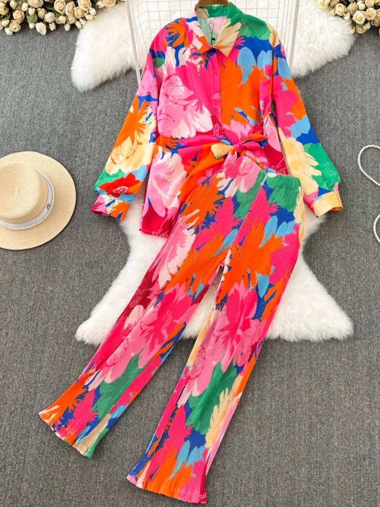 

2023 Autumn Casual Loose Tie-Dyed Trousers Suit Women Vintage Shirts Blouses Wide Leg Pantsuit Female Fashion 2 Pieces Outfits