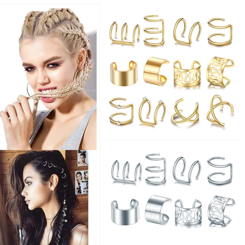 

1/12pcs Gold Silver Hair Braid Ring Dreadlocks Non-Piercing Ear Clip Beard Bead Cuffs Ear Stud Hair Styling Accessories Jewelry