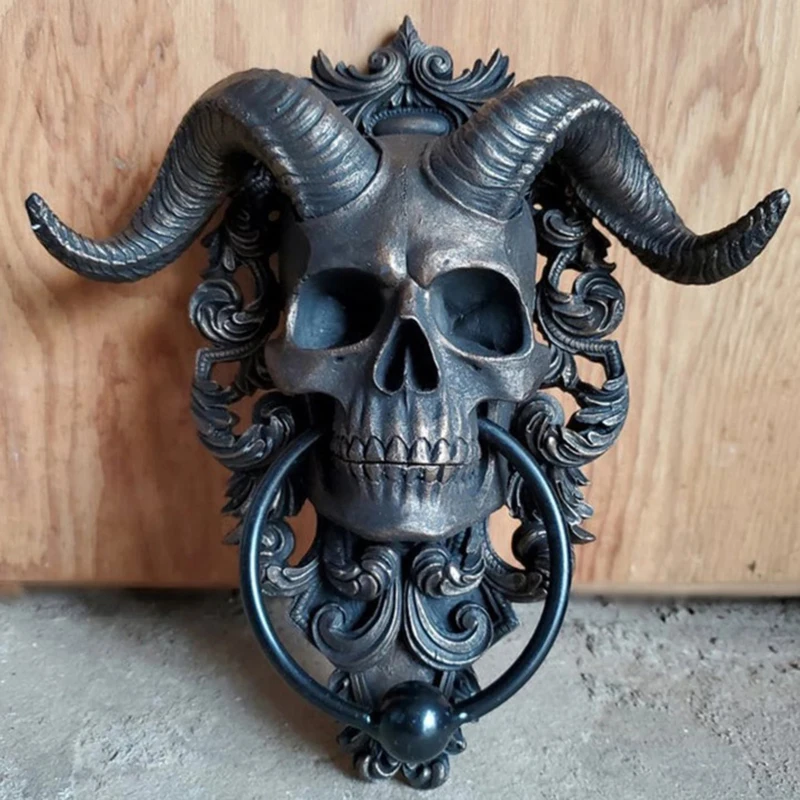 

Baphomet Horned Skull Hanging Door Knocker Sabbatic Goat of Mendes Samael Lilith with Built Striker Plate Wall Decor Plaque