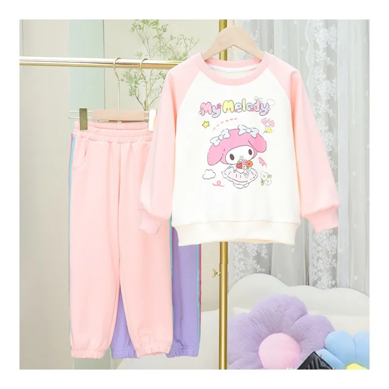 

Детские спортивные толстовки с аниме Sanrios, пуловер, спортивные штаны, мультяшный рисунок My Melody Kuromi, милый Повседневный свободный детский подарок с длинными рукавами