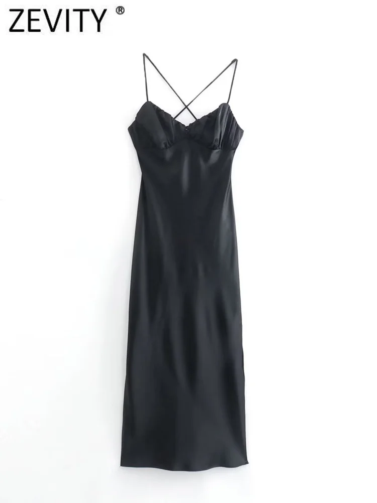

Zevity Women Sexy Pleats V Neck Black Satin Sling Midi Dress Lady Chic Backless Lace Up Casual Slim Split Party Vestidos DS2009