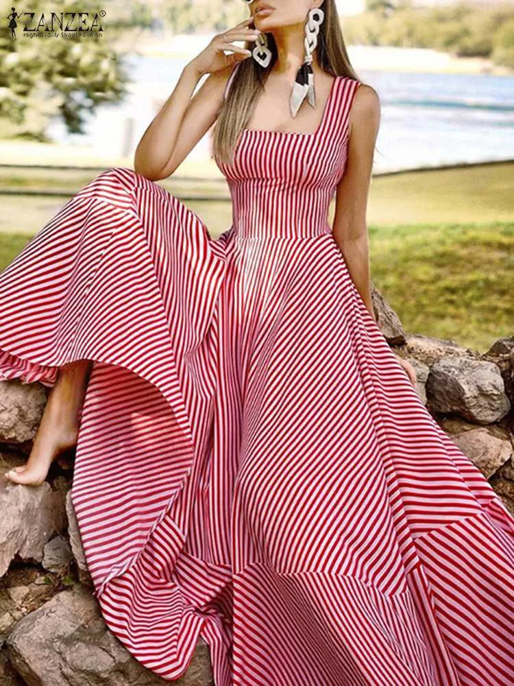 2022 Summer France Elegant Maxi Dress Women Chic Striped Print Robe Longue Beach Party Sleeveless Dresses Holiday Tank Sundress