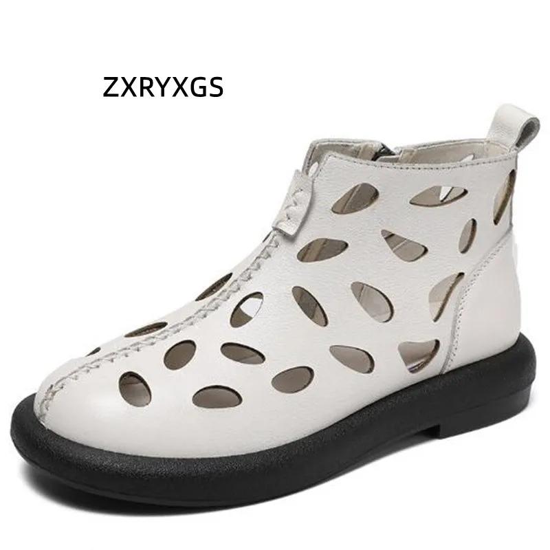 

ZXRYXGS 2023 Летняя обувь из воловьей кожи с отверстиями, женские сандалии из натуральной кожи, дышащие Крутые ботинки, модные сандалии с плоской боковой молнией