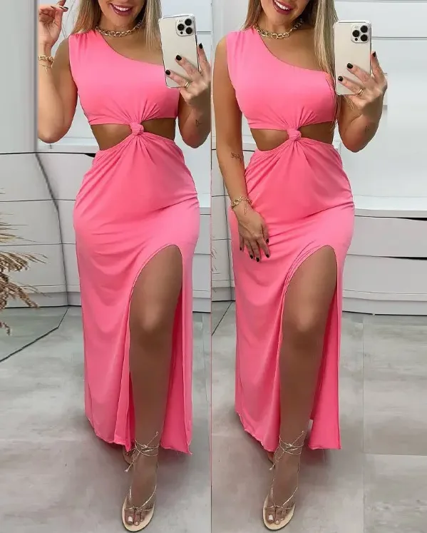 

Sexy Women One Shoulder Knotted Front Cutout High Slit Maxi Dress Party Club Dress 2022 Summer Fashion New