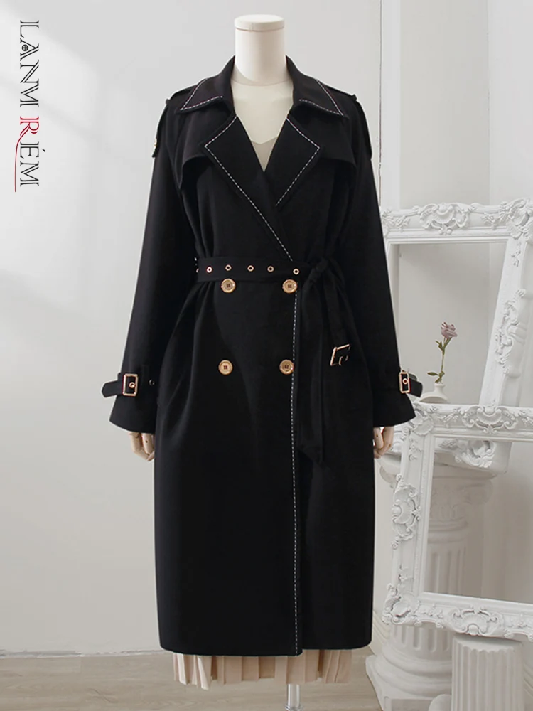 

LANMREM Fashion Korean Trench Coat For Women Lapel Double Breasted Long Sleeves Patchwork Belt Coats 2023 Autumn New 32D376
