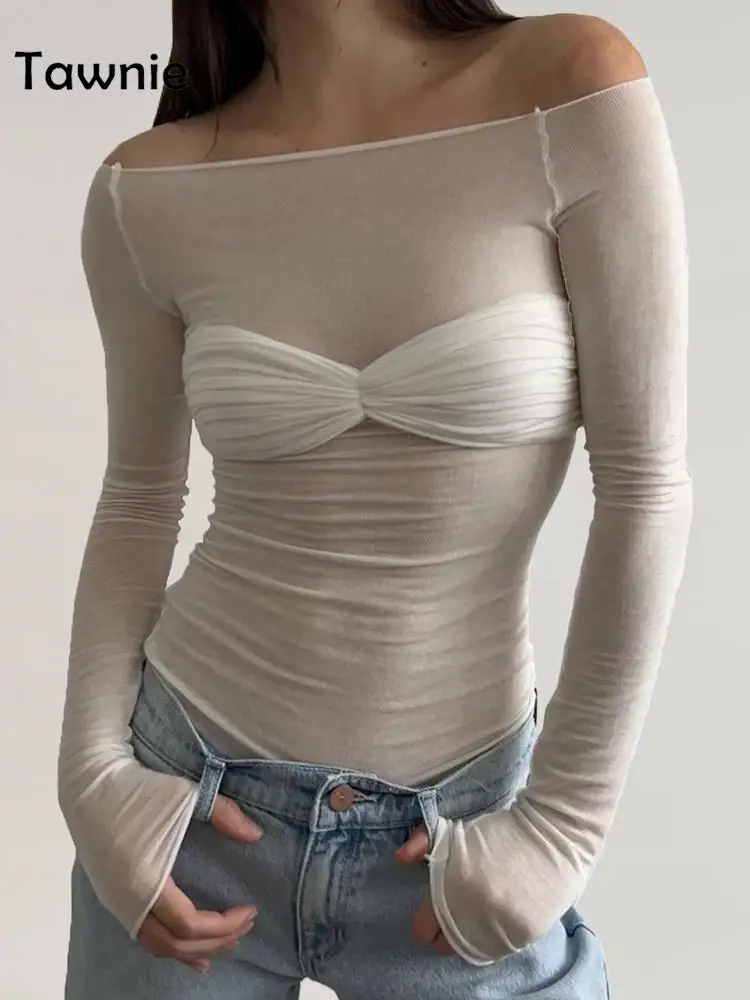 

Женский трикотажный топ с открытыми плечами Tawnie, элегантный сетчатый прозрачный топ с рюшами для клувечерние, Y2K, весна-лето 2023