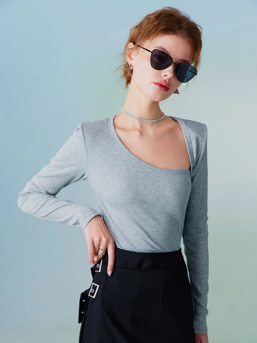 Ажурная футболка Aozhi с косым воротником и длинным рукавом в стиле кантри Женская