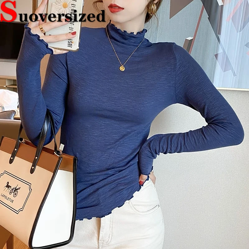 

Women's Mock Neck Bottomed Tshirt Korean Casual Solid T-shirts Slim Basic Long Sleeve Tops Spring Fashion Camisetas 2023 New