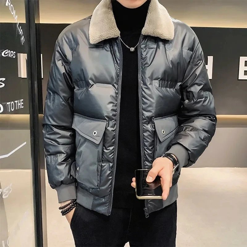 Men's Down Jacket Short Zipper Pocket Outerwear 2022 Winter New Korean Lapel Warm Puffer Parkas Fashion Long Sleeves Casual Coat