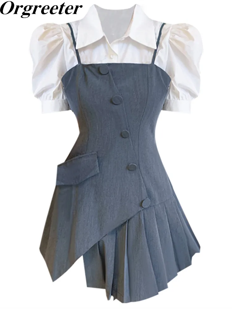 

Korean Fashion Strapless Dress Two Piece Set Women Bubble Sleeved Shirt + Single-breasted Irregular Pleated Dress Suit Female