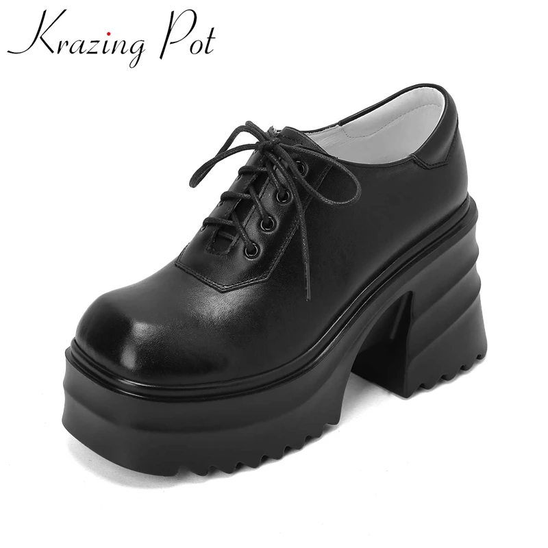 

Krazing Pot genuine leather square toe super high heels platform classic colors young lady daily wear lace up women pumps L0f2